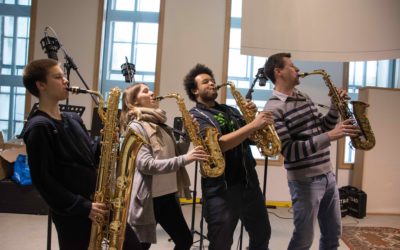 Saxophon-Quartett nimmt Filmmusik für Trickfilm des AV-Zweiges auf, Februar 2018